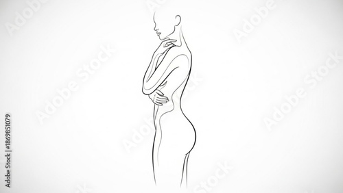 Elegant nude female line art drawing with arms crossed on white background
