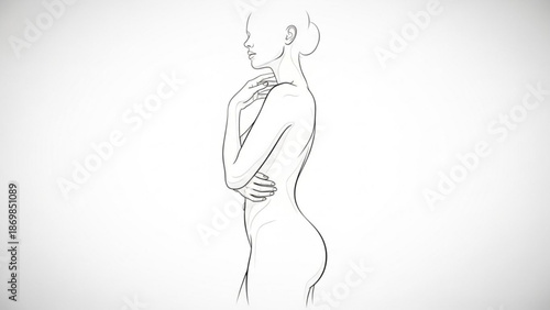 A woman with her hand on her chin standing in a thoughtful pose