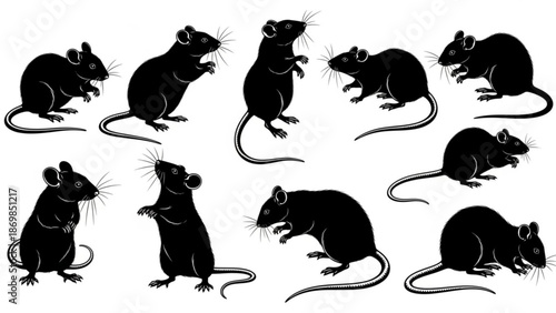 Black silhouette illustrations of multiple mice in various poses on white