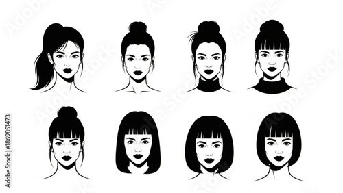 Eight stylized black and white female faces with diverse hairstyles