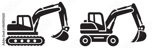 Simple excavator icon set featuring tracked and wheeled construction vehicles for heavy industry