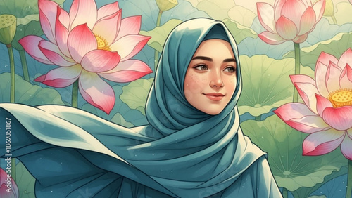 Portrait of a serene woman wearing a hijab standing among blooming lotus