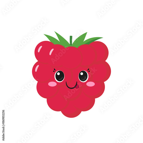 Cute raspberry, fun cartoon character, tasty and healthy berry, big eyes, emotions joy delight, happy smiling face, kawaii style, icon vector children's illustration.