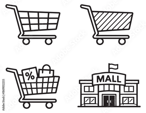 Line art shopping icon set featuring empty and full shopping carts, along with a mall building for retail and consumerism concepts