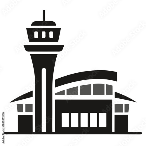 Title: A black and white of an airport control tower with a building structure below