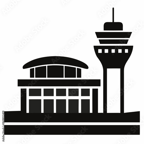 Title: Black and white of an airport control tower and terminal building minimal