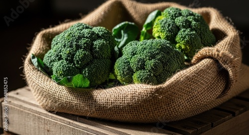 Wallpaper Mural Broccoli in burlap sack, on wooden crate, lit warmly, evoking earthiness Torontodigital.ca