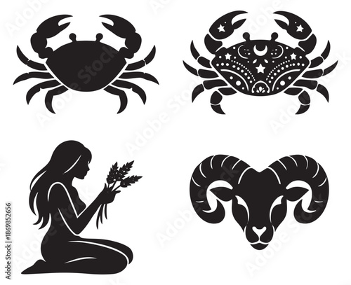 Silhouette zodiac signs set featuring cancer, virgo, and aries symbols for astrology and horoscopes