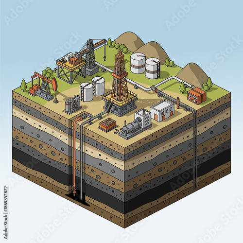 Isometric Illustration of Oil Refinery and Layers.