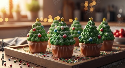 Christmas tree cupcakes on wooden tray with bokeh background