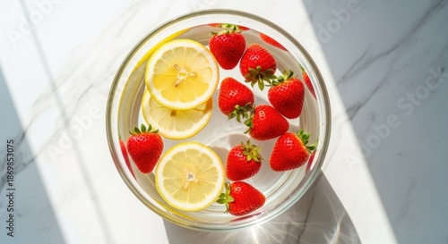 Clear bowl with strawberries and lemon slices in water, on a marble surface
