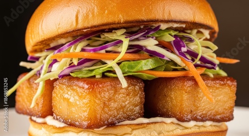 Close-up of a sandwich with fried tofu, slaw, and a toasted bun