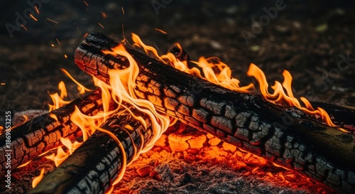 Close-up of burning logs, flames licking upwards, embers glowing warmly