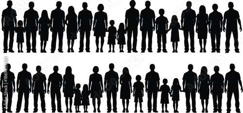 Family silhouettes with parents and children standing together isolated on white background, people community generation shadow vector illustration set