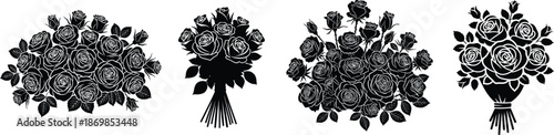 Set of decorative rose with leaves. Plenty of roses Flower silhoutte. Vector illustration