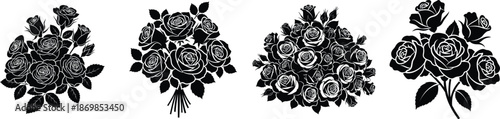 Rose flower silhouette set.Plenty of roses set. black and white blooming roses collection vector illustration