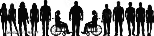 Diverse people silhouettes including wheelchair users standing isolated on white background, inclusion accessibility community human shadow vector illustration set
