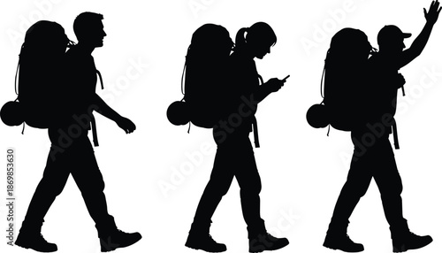 Hiker silhouettes with backpacks walking, checking phone, waving isolated on white background, adventure travel trekking people illustration set vector collection