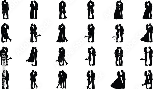Romantic couple silhouettes embracing and kissing isolated on white background, love relationship wedding dance shadow vector illustration set collection design