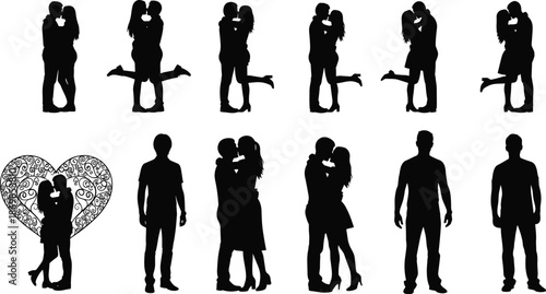 Romantic couple silhouettes kissing, hugging with heart symbol isolated on white background, love relationship shadow vector illustration set