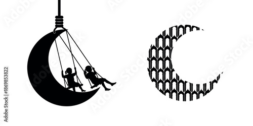 Children swinging on crescent moon silhouette  celebrating eid vector illustration isolated on transparent background