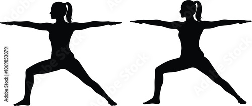Woman yoga warrior pose silhouettes isolated on white background, female fitness exercise meditation balance shadow vector illustration set