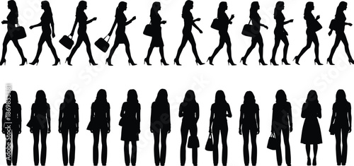 Women silhouettes walking and standing with handbags isolated on white background, female fashion lifestyle shopping shadow vector illustration set