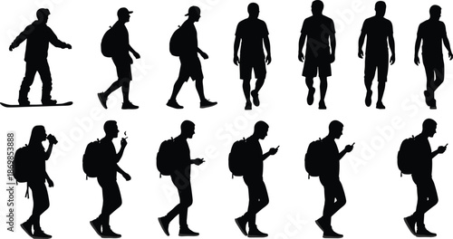 Young men silhouettes walking, standing, skateboarding, using phone isolated on white background, casual lifestyle shadow vector illustration set