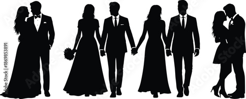 Wedding couple silhouettes romantic bride and groom holding hands isolated on white background love marriage ceremony shadow vector set