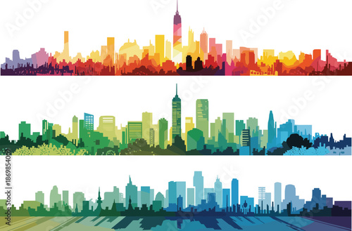 Colorful city skyline panorama set with modern urban buildings, abstract metropolitan landscapes in vibrant gradients, vector illustration for travel, architecture, business, and city branding designs