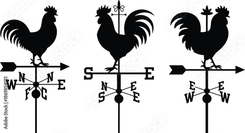 Rooster weather vane silhouette set with cardinal directions, vintage farm wind direction indicators illustration for rural decor, agriculture themes, traditional weather symbols, and farmhouse design