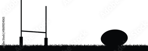 Black silhouette of rugby goalpost and ball on grassy field, ideal for sports graphics, athletic branding, or game-themed design projects.