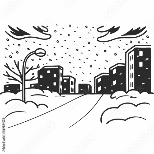 Winter cityscape with snow-covered buildings and streetlight  