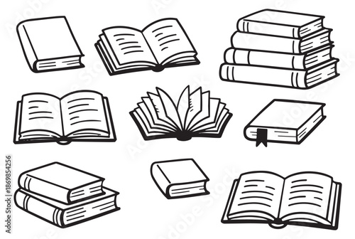 Hand drawn line art books set featuring books in various open and closed positions for education and learning concepts