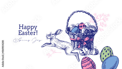 Happy Easter vintage hand drawn banner with bunny, basket and eggs. Greeting card and invitation design. Retro sketch vector illustration
