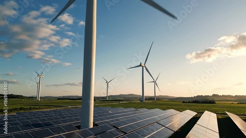 Wind turbines and solar panels creating renewable electric power. Green energy park with blue sky and cloud background.