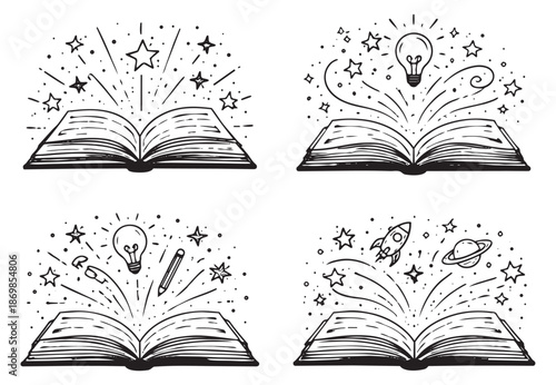 Hand drawn line art magic book illustration set featuring ideas, imagination, and discovery for learning and creativity
