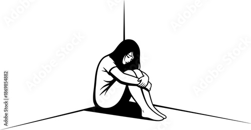 Illustration of a sad and lonely woman sitting alone in a corner, feeling down and isolated