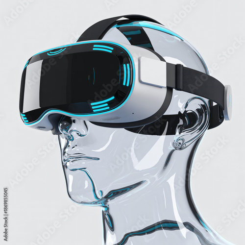 futuristic vr headset on transparent human head isolated on white background
