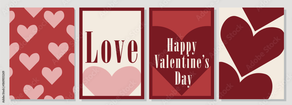 Naklejka premium Classic Red Valentine Postcards Set with Hearts and Typography