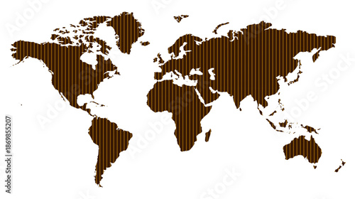 Striped world map illustration in brown color showing global continents for travel, education, infographic, and presentation use