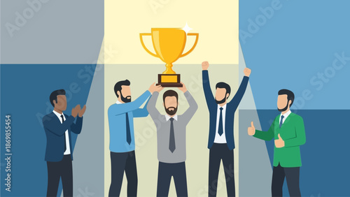 Diverse Business Team Celebrating Victory Holding a Golden Trophy Under Spotlight