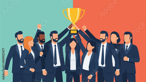 Diverse Business Team Celebrating Victory and Holding Up a Gold Trophy
