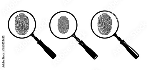 Fingerprint magnified with magnifying glass icon set, representing investigation, security, and forensic analysis, flat vector illustration isolated on white background