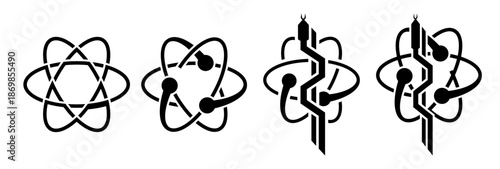Set of atom and science-related icons, representing scientific research, technology, and innovation, flat vector illustration isolated on white background