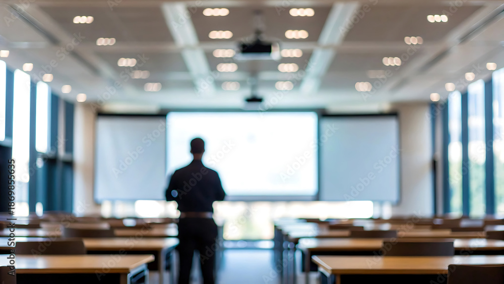 Fototapeta premium A teacher stands in front of a classroom with a projector screen and empty desks