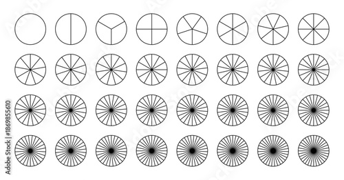 Segmented charts. Sectors divide the circle on equal parts. Parts of diagram wheel from 1 to 32. Template of pie chart. Coaching blank. Outline black graphics. Pie charts, pizza charts set.