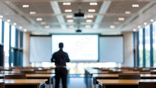 A teacher stands in front of a classroom with a projector screen and empty desks