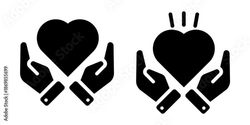 Hands holding and offering a heart icon, representing love, compassion, and care, with second icon showing a heart being lifted or revealed, flat vector illustration isolated on white background