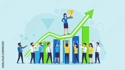 Successful Business Team Celebrating Growth and Achievement with Trophy on Upward Arrow Graph